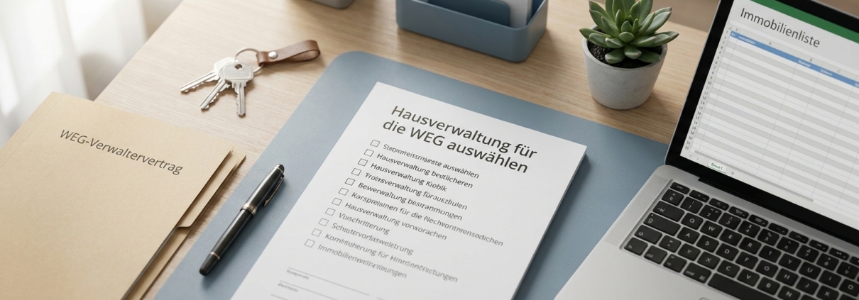 Übersicht mit Checkliste, Verwaltervertrag, Schlüsseln und Laptop zum Thema Auswahl einer Hausverwaltung für die WEG