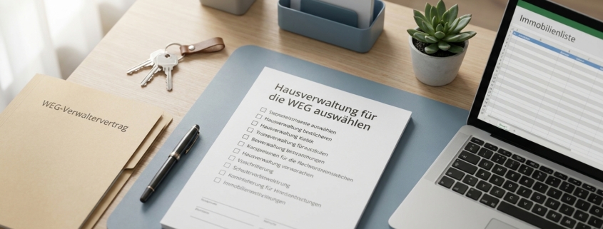 Übersicht mit Checkliste, Verwaltervertrag, Schlüsseln und Laptop zum Thema Auswahl einer Hausverwaltung für die WEG
