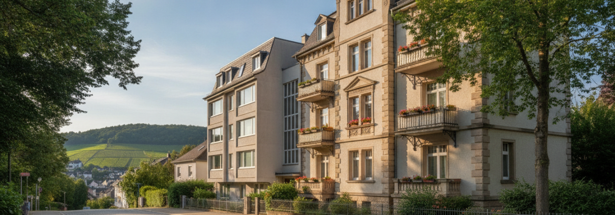 Mehrfamilienhäuser an einer ruhigen Wohnstraße in Weinheim an der Bergstraße mit Blick auf die bewaldeten Hügel der Weinberge – typische Mietobjekte, die R.E. Immo vom Weinheimer Büro aus verwaltet.