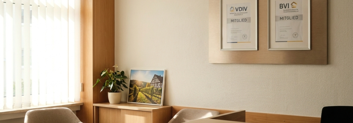 Empfangsbereich einer Hausverwaltung in Baden-Württemberg mit VDIV- und BVI-Mitgliedszertifikaten an der Wand